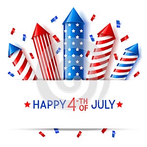 Independence day greeting card with firework rockets on white background photo