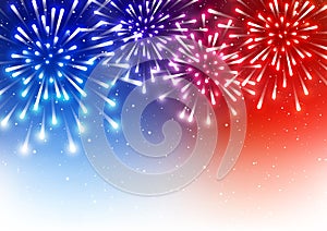 Independence day greeting card with shiny fireworks on blue and red background photo