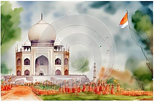 Independence Day of India. Illustration in watercolor style. Generative AI.