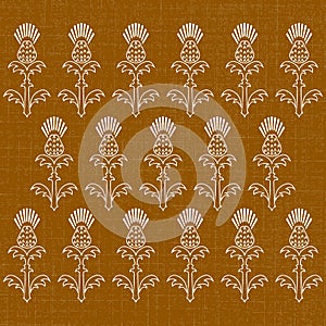 Independence Day of Scotland. 24 June. Ornament of flowers of a thistle. Texture of fabric. Brown background