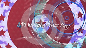 Independence day text banner over round scanners against stars on spinning circles