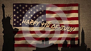 Independence Day text over US flag against silhouette of statue of Liberty and cityscape
