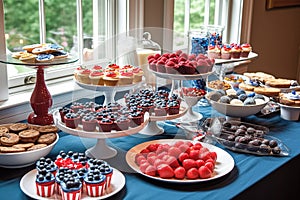 Independence Day themed dessert table, featuring an array of red, white, and blue treats, such as flag-shaped cookies, patriotic