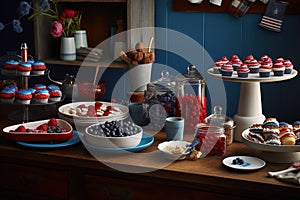 Independence Day themed dessert table, featuring an array of red, white, and blue treats, such as flag-shaped cookies, patriotic