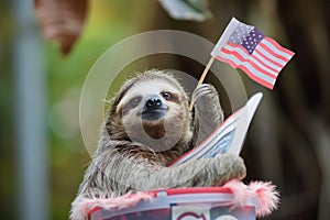 Independence Day. Threetoed sloth holding American flag in bucket at outdoor event photo