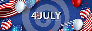 Independence day USA celebration banner with american balloons and Flag of the United States