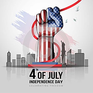 Independence day USA hand with American flag. 4th of July celebration poster template. fourth of July abstract Vector illustration