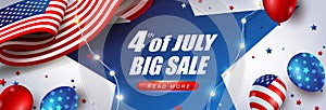 Independence day USA sale banner with american balloons and Flag of the United States