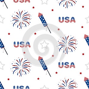 Independence Day of USA. Seamless pattern with fireworks. Holiday background for 4th of July celebration. National