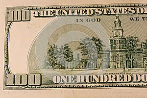 Independence hall on back side of the one hundred dollars bill