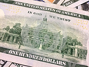 Independence Hall engraving on American one hundred dollar bill