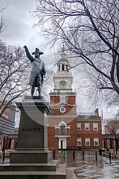 Independence Hall and John Barry statue - Philadelphia, Pennsylvania, USA