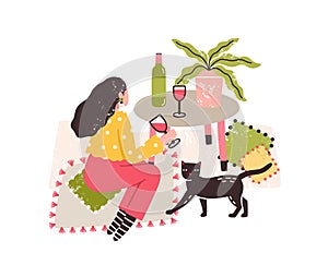 Independent girl drink wine alone sitting on floor at table vector flat illustration. Loneliness addicted female