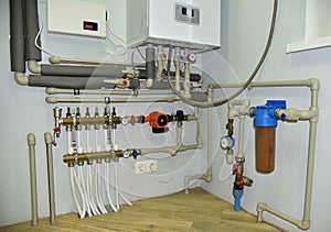 Independent heating system in boiler room at home. Domestic water supply system. Water supply for underfloor heating. Rainwater