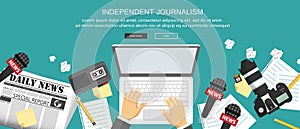 Independent journalism flat banner. Equipment for journalist on desk. Flat vector