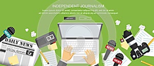 Independent journalism flat banner. Equipment for journalist on desk. Flat vector