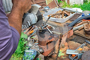 independent tool making using a vise and angle grinder, hands of a wizard, work with hands