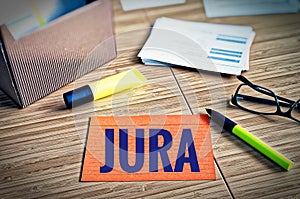 Index cards with legal issues with glasses, pen and bamboo with the german word Jura in english law