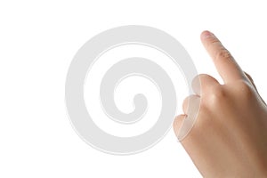 Index finger of a child hand is touching a virtual screen, isolated on white background. Clipping path included