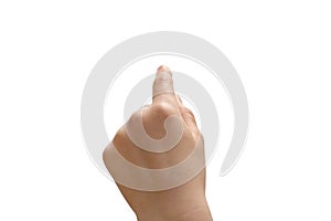 Index finger of a child hand is touching a virtual screen, isolated on white background. Clipping path included