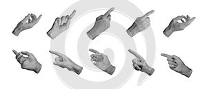 Index finger pointer pointing, indicating, showing from different angles, set, hand sign isolated on