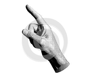 Index finger pointing, indicating, side view. Pointer forefinger. Halftone textured style vector