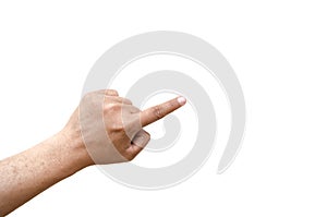 Index finger pointing oblique line gesture on left hand isolated on white background.