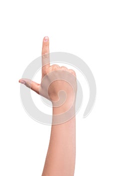 The index finger is raised up. Isolated on white background. Human gesticulation. Concept of the emerging idea