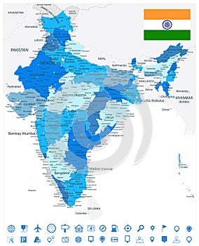 India Administrative Blue Map and Navigation Icons