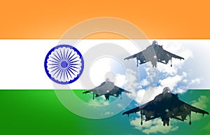 India air forces strike concept. Fighter aircrafts on Indian flag background photo