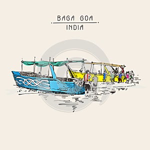 India Baga Beach sketch drawing with two boats ashore, retro style