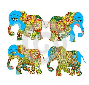 India. Beautiful elephants with flowers on white background. Decorative silhouettes.
