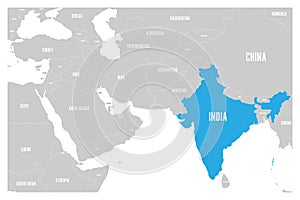 India blue marked in political map of South Asia and Middle East. Simple flat vector map