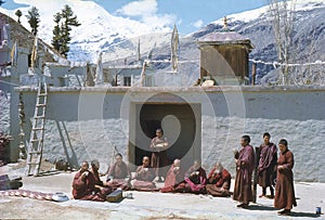 1977. India. Buddhist nuns and monks at Kardang-Gompa.
