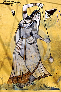 India, Bundi, Palace: painting on a wall