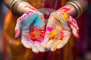 India Closeup of Hands of a Girl with colours during the celebration of Holi, festival celebration