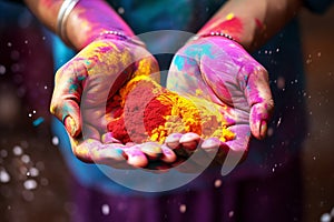 India Closeup of Hands of a Girl with colours during the celebration of Holi, festival celebration