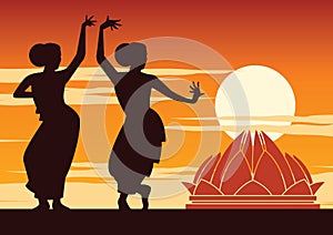 India dancer perform near famous landmark on sunset time,silhouette design