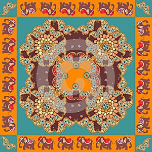 India. Ethnic bandana print with ornament border. Silk neck scarf