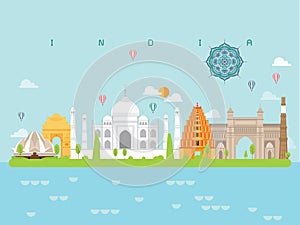 India Famous Landmarks Infographic Templates for Traveling Minimal Style and Icon, Symbol Set Vector.