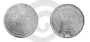 India fifty rupees coin on a white isolated background