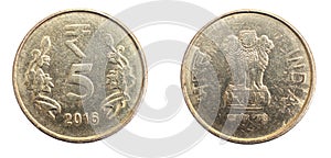 India five rupees coin on white isolated background