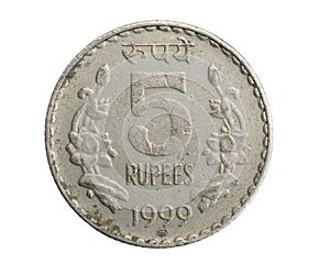 India five rupees coin on a white isolated background