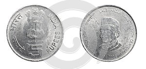 India five rupees coin on a white isolated background