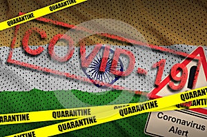 India flag and Covid-19 quarantine yellow tape with red stamp. Coronavirus or 2019-nCov virus