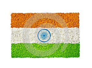 India flag decorated with natural flowers, with text happy independence day, tri colour flag on white background