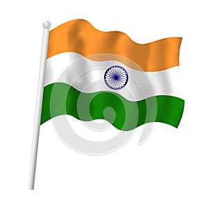 India flag on flagpole waving in wind. Vector isolated illustration of Indian flag symbol