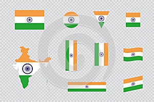 India Flag Flat Icon Different Shapes Map Vector Set