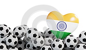 India flag heart with a soccer ball background. Football banner. 3D Rendering