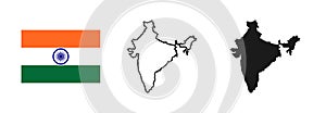India flag and map silhouette linear and black illustration. Vector